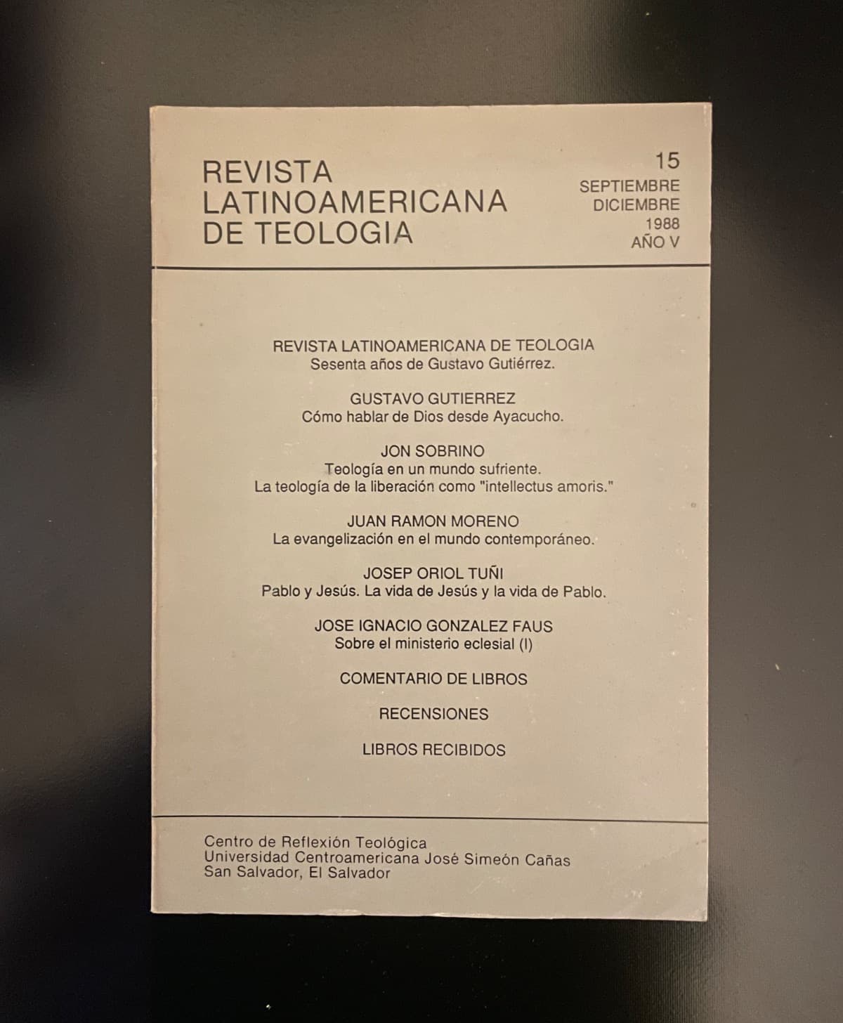 Revista Latinoamericana de Teología, N°15 — Varios autores (Gustavo Gutiérrez, Jon Sobrino, Juan Ramón Moreno, Josep Oriol Tuñí, José Ignacio González Faus), libro usado